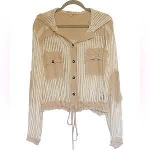 POL Beige and Cream Knit Button-Up Hoodie Size Small